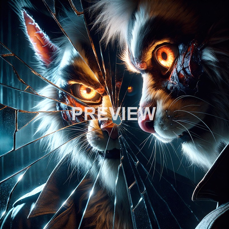 Two fierce-looking cats with glowing orange eyes are seen through a shattered glass window, with the cracks radiating outward from a central impact point.